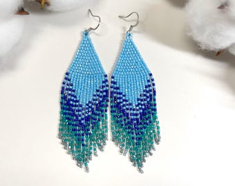 Turquoise Beaded Fringe Earrings Boho Dangle Seed Bead Clip on/hooks