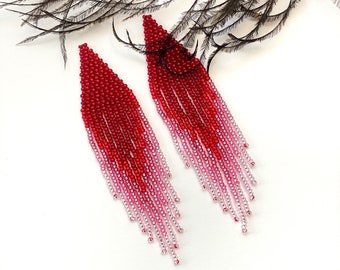 Clip on earrings /hooks Red pink beaded earrings Long fringe earrings Seed bead native Statement earrings Dangle boho earrings jewelry gift