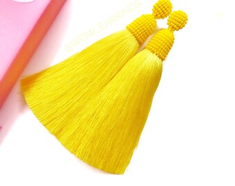 Yellow tassel earrings clip on earrings long or short - Long fringe earrings - Trendy earrings - Dangle earrings - Statement earrings