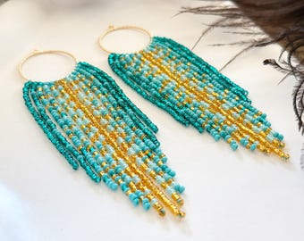 Turquoise Gold Beaded Fringe Hoop Earrings, Clip-on/hooks Boho Seed Bead Tassel Statement Dangle Handmade Boho Jewelry Gift for Her