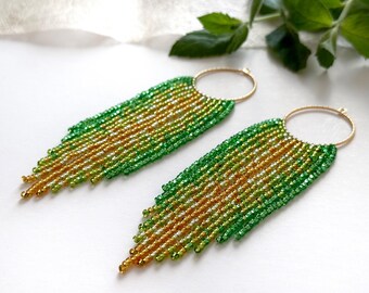 Green gold fringe beaded earrings Clip-on/hooks Emerald Long hoop Dangle Jewelry gift Statement