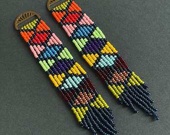 Colourful native beaded earrings Clip-on/hooks fringe Long dangle Statement boho Jewelry gift