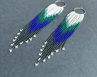 Long Beaded earrings Dangle hoop fringe Clip-on/hooks Statement Boho Native Jewelry gift
