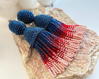 Beaded Tassel Clip On Earrings Boho Chandelier Fringe, Blue red pink jewelry gift