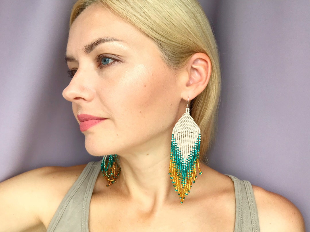 Beaded Clip on Earrings / Ear Hooks Boho Beaded Earrings Dangle Fringe