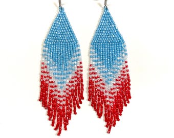 Boho Beaded Fringe Earrings Turquoise Clip on/hooks Long Dangle Statement Jewelry