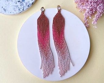 Long clip on earrings or ear hooks dangle earrings Pink ombre beaded native earrings Boho earrings Statement fringe earrings Jewelry gift