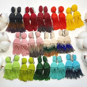Beaded tassel Clip on earrings Green blue red pink Long dangle chandelier statement earrings Fringe Seed bead Boho earrings Jewelry gift