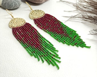 Maroon Green Beaded Fringe Earrings Statement Long Dangle Boho Jewelry gift