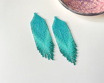 Turquoise beaded earrings - Clip on earrings or ear hooks - Long boho dangle earrings - Fringe earrings - Statement earrings