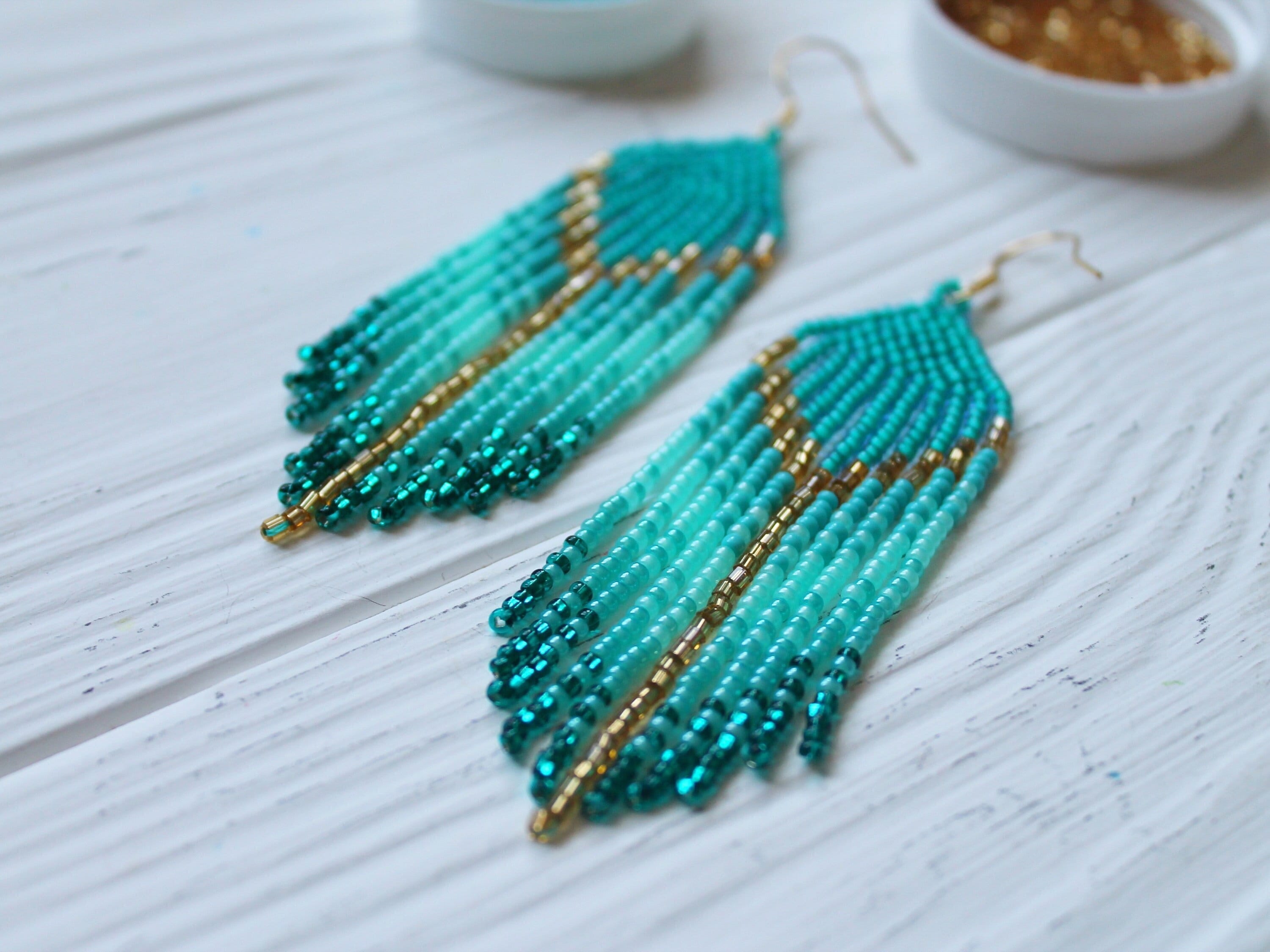 Turquoise beaded earrings - Clip on earrings or ear hooks - Long boho dangle earrings - Fringe seed bead earrings - Dangly earrings