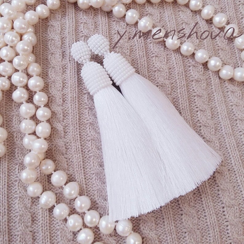 White clip on earrings White dangle tassel earrings Long Etsy