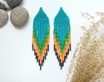Colorful beaded earrings Clip on/hooks Long fringe native Statement Dangle Jewerly gift