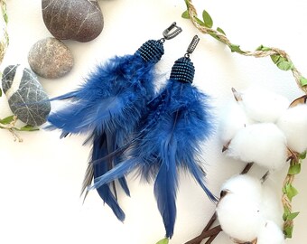 Navy Blue Feather Dangle Earrings Long Boho Beaded Statement Jewelry gift
