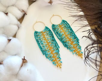 Clip-on/hooks Turquoise Gold Beaded Fringe Hoop Earrings, Boho Seed Bead Tassel Statement Dangle Handmade Boho Jewelry Gift for Her