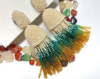 Clip on Beaded tassel earrings Ivory green gold Long dangle Fringe statement Jewelry gift