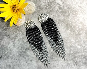 Black silver beaded fringe earrings Clip on earrings /ear hooks Native earrings Long iridescent earrings Shiny boho earrings Jewelry gift