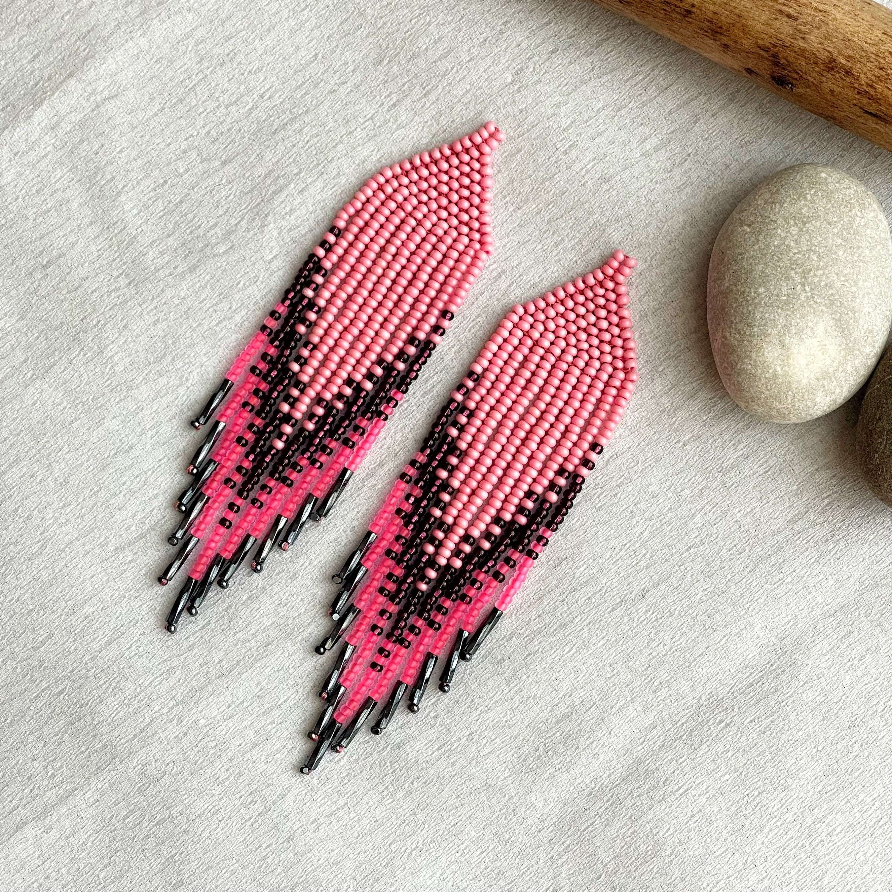 Pink Beaded Earrings Long Fringe Earrings Clip on Earrings /ear Hooks ...