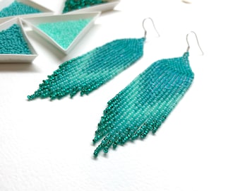 Turquoise beaded earrings Long Fringe earrings Dangle earrings Seed bead earrings Christmas earrings jewelry gift Boho statement earrings