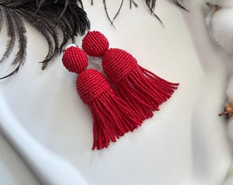 Clip-on Cherry red tassel Long dangle earrings bordo Beaded Fringe statement Boho Jewelry gift