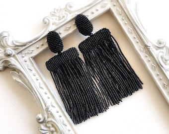 Black clip on earrings Dangle beaded earrings Waterfall earrings Boho fringe Statement long seed bead earrings Chandelier Jewelry gift