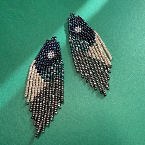 Moon and Mountains fringe beaded earrings - Long dangle earrings  - Iridescent earrings - Trendy earrings