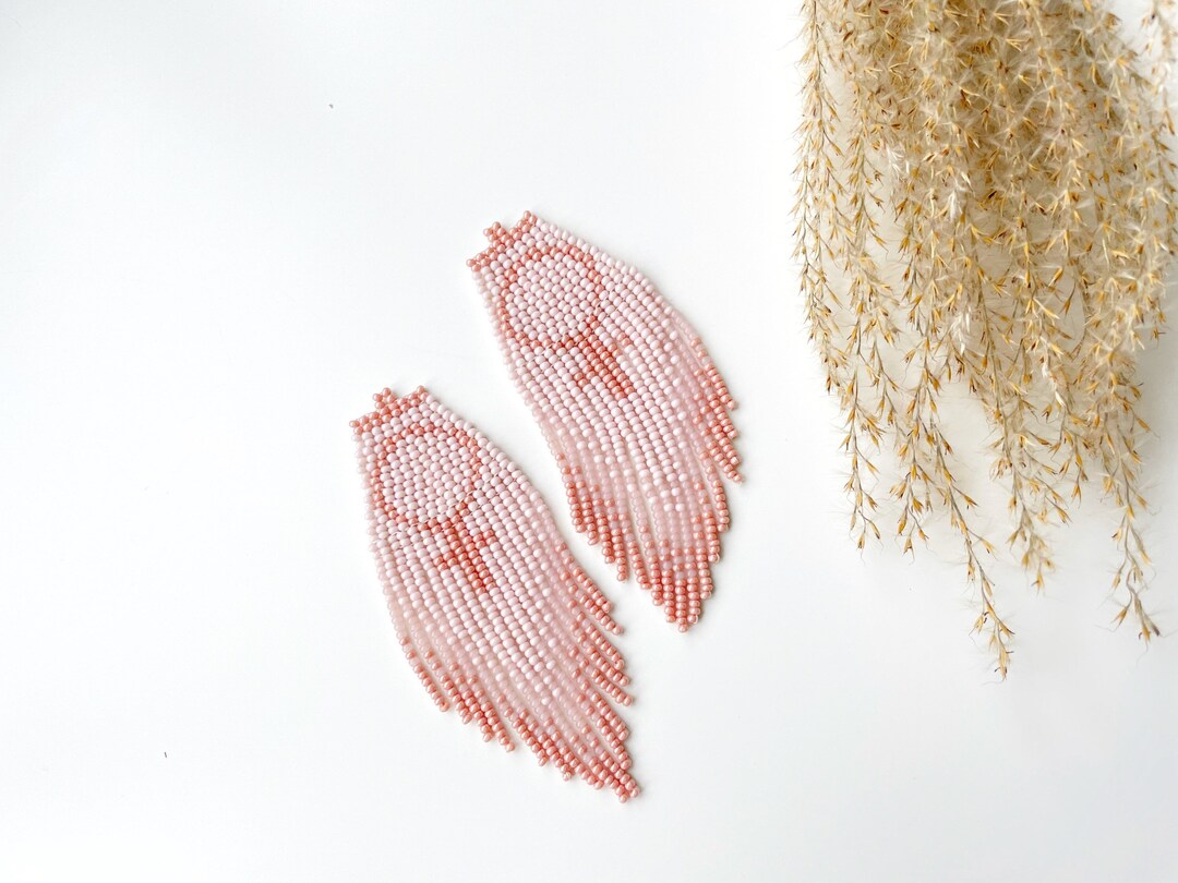 Pastel Pink Beaded Earrings Boho Fringe Seed Bead Earrings Powder Pink ...