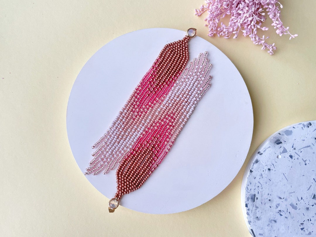 Long Pink Dangle Earrings Beaded Clip On/hooks Boho Statement Fringe ...