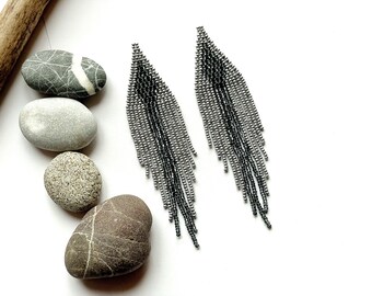 Silver black beaded earrings Clip on/hooks Long fringe Dangle seed bead Statement Jewelry gift