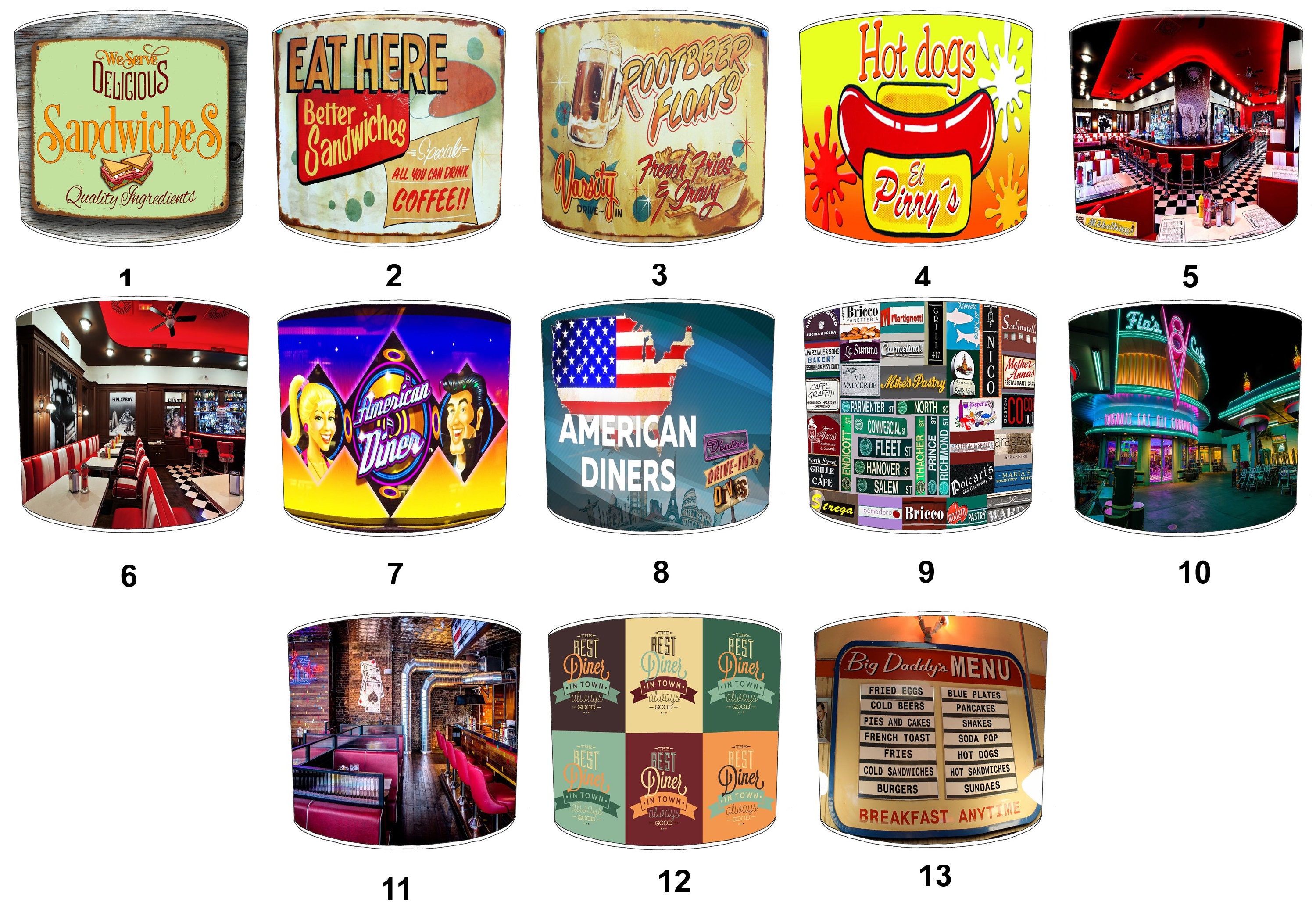 Lampshades Ideal To Match American Diner Drive Through Wall Art & Metal Signs. 