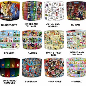 Vintage Comic Book Heroes Lampshades Wallpaper Wall Art Murals Duvets Curtains Quilts Ceiling light shades Pendant shade Table lamp shades
