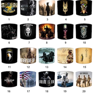 SAS SBS Army Regiments Royal Marines Navy Seals Paratroopers Lampshades Army Wall Murals Army Duvets Army Ceiling lights Table lamp shades