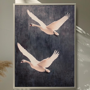 Vintage Swan Canvas Print: Elegant Bird Wall Art, Dark Blue Background