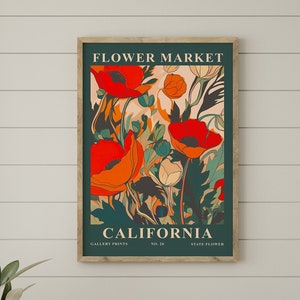 Golden Poppy Poster Print Floral Art Digital Download California State Flower Poppy Wall Art Red California Flower Market Poster Print Art