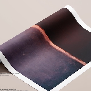 May include: A rolled up canvas print with a dark purple and orange abstract design. The print is labeled with "High Quality Canvas", "Color Accuracy", and "Black, White, or Silver Float Frame".