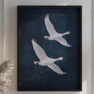 Minimalist Swan Wall Art Elegant White Swans Flying Dark Blue Background Oil Painting Canvas Print Symmetrical Design Home Decor Living Room