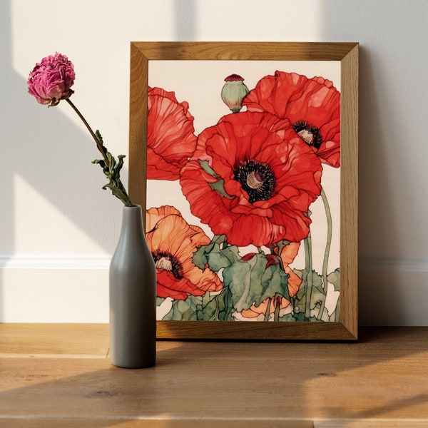 Red Poppy Wall Art of California State Flower Contemporary Art Digital Download Poppy Flower Painting of Red Poppy Print Digital Download