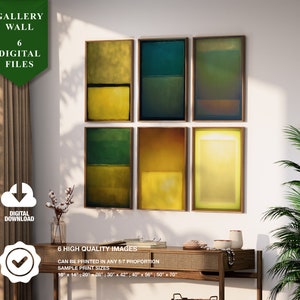 May include: A set of six digital art prints featuring abstract geometric shapes in shades of green and yellow. The prints are framed in wood and arranged in a gallery wall style. The text "GALLERY WALL" and "6 DIGITAL FILES" is visible in the top left corner of the image. The text "6 HIGH QUALITY IMAGES" and "CAN BE PRINTED IN ANY 5:7 PROPORTION" is visible in the bottom center of the image. The text "SAMPLE PRINT SIZES" and "10" x 14"; 20" x 28"; 30" x 42"; 40" x 56"; 50" x 70" is visible in the bottom center of the image.