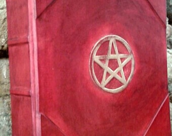 Leather BOOK OF SHADOWS  blank pages, refillable-postbound, Pentacle in gold wicca, grimoire