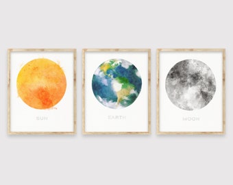 太陽、月、地球の水彩画プリント、太陽系アート（デジタルダウンロード）