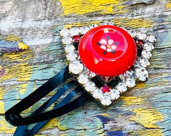 Vintage Rhinestone and Hand Painted Flower Button Hair Clip