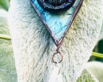 Stained Glass Pendant: Rare Van Gogh Glass with Iridescent Victorian Scarab Button