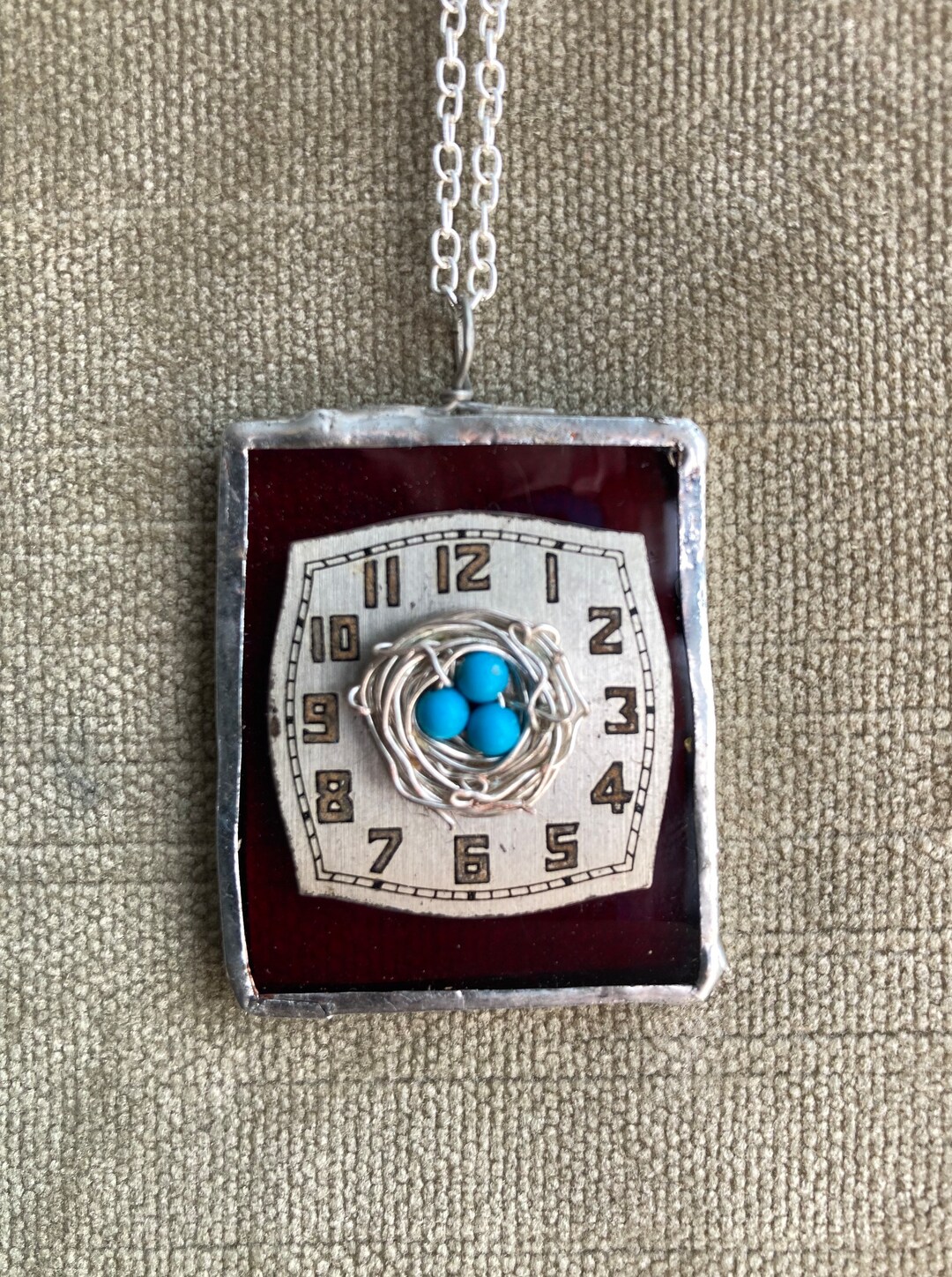 Red Stained Glass Rectangular Pendant With Watch Face and Birds Nest Etsy