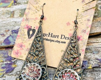 1800's Victorian Picture Button Dangles: Floral Pattern with Swans