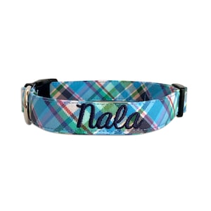 Spring Plaid Dog Collar, Embroidered Dog Collar, Personalized Dog Collar, Easter Dog Collar, Blue Collar, Boy dog collar, Custom Dog collar