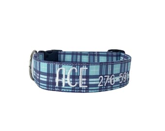 Personalized Varsity Plaid Dog Collar | Embroidery & Engraving Options | Matching Leash, Flower and Bow Tie Options