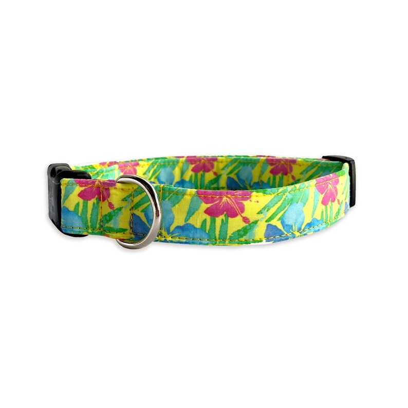 May include: A dog collar with a bright floral design. The collar has a yellow base with pink flowers, blue leaves, and green details. It features a black plastic buckle and a silver metal D-ring for leash attachment.