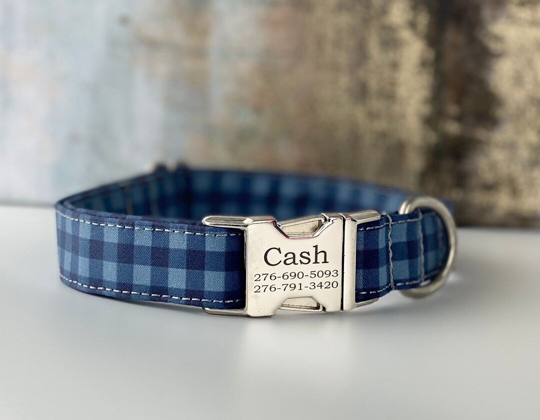 Blue Buffalo Plaid Dog Collar, Custom Dog Collar, Engraved Buckle Dog ...