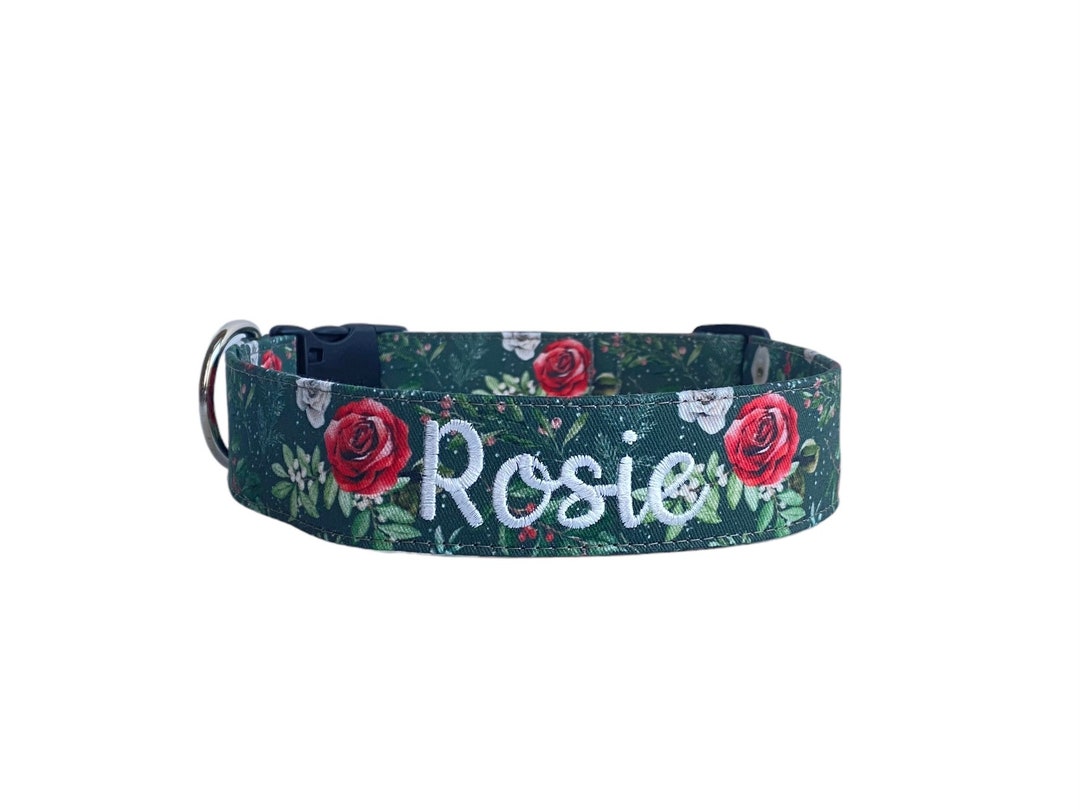 Christmas Rose Personalized Dog Collar, Embroidered Dog Collar, Custom Dog Collar, Holiday Dog