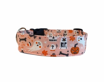 Pink Halloween Dog Collar, Embroidered Dog Collar, Personalized Dog Collar, Pumpkin Dog Collar, Collar, Ghost dog collar, Engraved Buckle